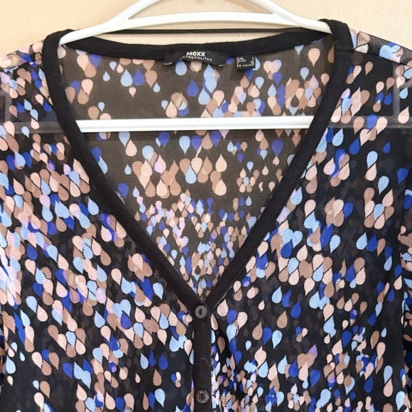 Mexx Mesh Black Blue & Lilac Pattern 3/4 Sleeve Ruched Button Up Blouse - Picture 3 of 14